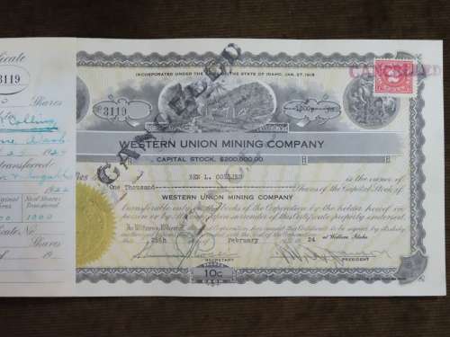1924 Western Union Mining Company, Stock Certificate, 1000 Shares , 3119