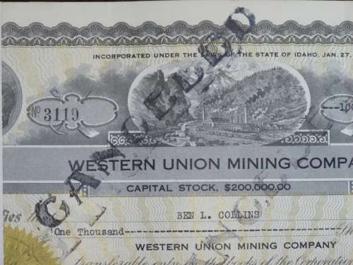 1924 Western Union Mining Company, Stock Certificate, 1000 Shares , 3119