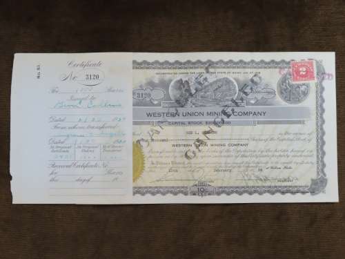1924 Western Union Mining Company, Stock Certificate, 1000 Shares , 3120