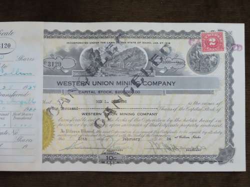 1924 Western Union Mining Company, Stock Certificate, 1000 Shares , 3120