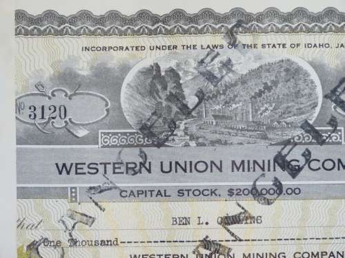 1924 Western Union Mining Company, Stock Certificate, 1000 Shares , 3120