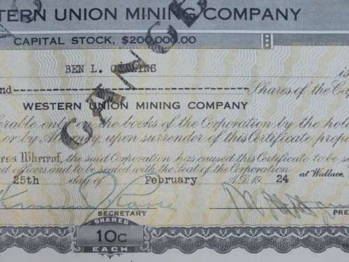 1924 Western Union Mining Company, Stock Certificate, 1000 Shares , 3120
