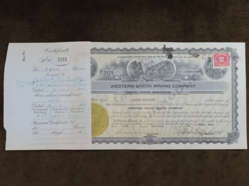 1924 Western Union Mining Company, Stock Certificate, 1000 Shares , 3121