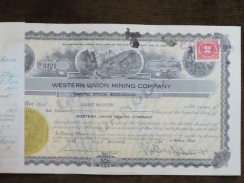1924 Western Union Mining Company, Stock Certificate, 1000 Shares , 3121
