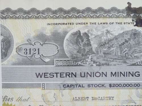 1924 Western Union Mining Company, Stock Certificate, 1000 Shares , 3121