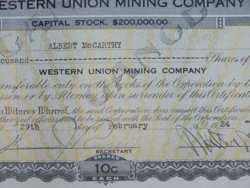 1924 Western Union Mining Company, Stock Certificate, 1000 Shares , 3121