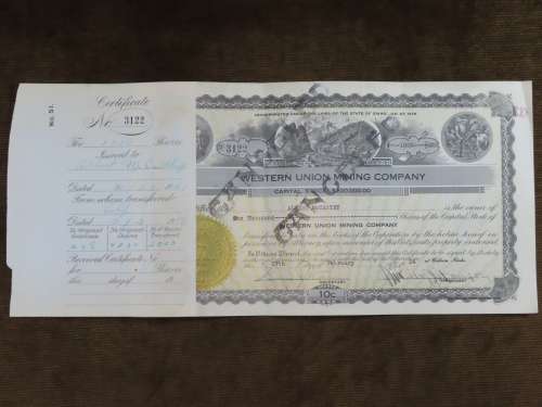 1924 Western Union Mining Company, Stock Certificate, 1000 Shares , 3122
