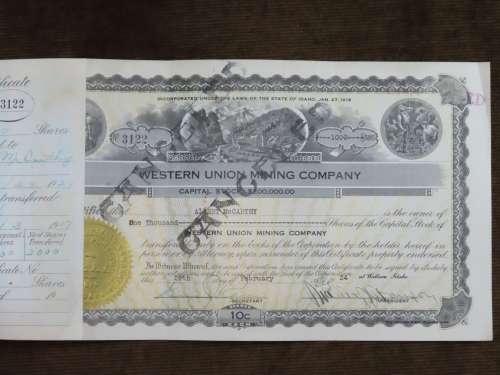 1924 Western Union Mining Company, Stock Certificate, 1000 Shares , 3122