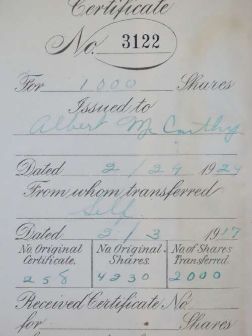 1924 Western Union Mining Company, Stock Certificate, 1000 Shares , 3122