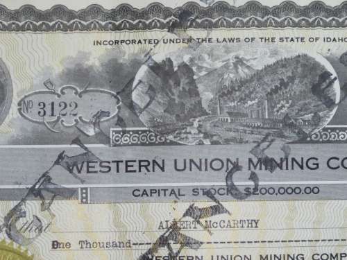 1924 Western Union Mining Company, Stock Certificate, 1000 Shares , 3122