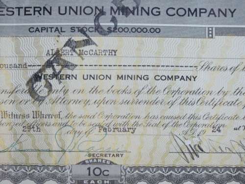 1924 Western Union Mining Company, Stock Certificate, 1000 Shares , 3122