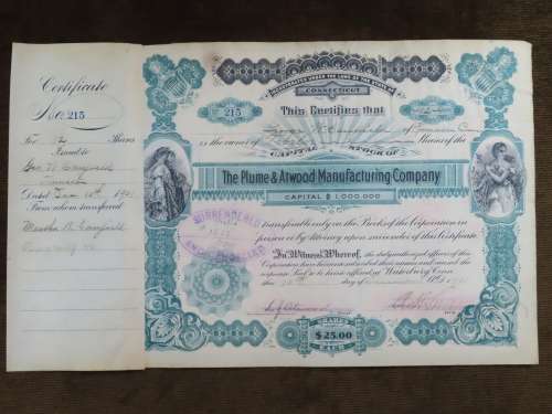 1901 Plume And Atwood Manufacturing Company, Stock Certificate, 12 Shares , 215