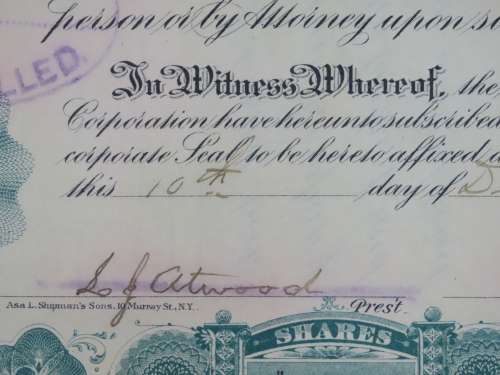 1901 Plume And Atwood Manufacturing Company, Stock Certificate, 12 Shares , 215
