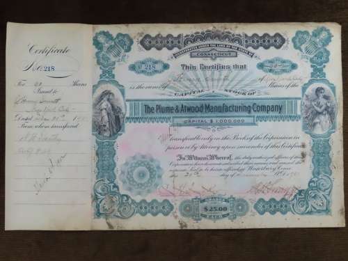 1901 Plume And Atwood Manufacturing Company, Stock Certificate, 90 Shares , 218