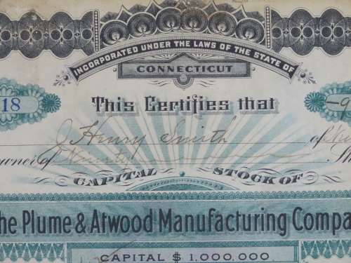 1901 Plume And Atwood Manufacturing Company, Stock Certificate, 90 Shares , 218