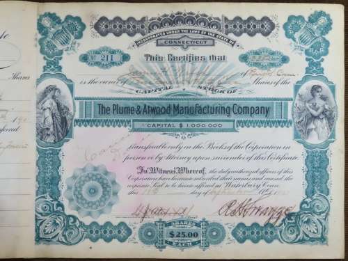 1901 Plume And Atwood Manufacturing Company, Stock Certificate, 335 Shares , 211