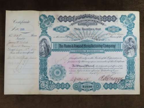1901 Plume And Atwood Manufacturing Company, Stock Certificate, 125 Shares , 212