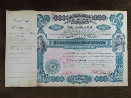 1901 Plume And Atwood Manufacturing Company, Stock Certificate, 125 Shares , 212
