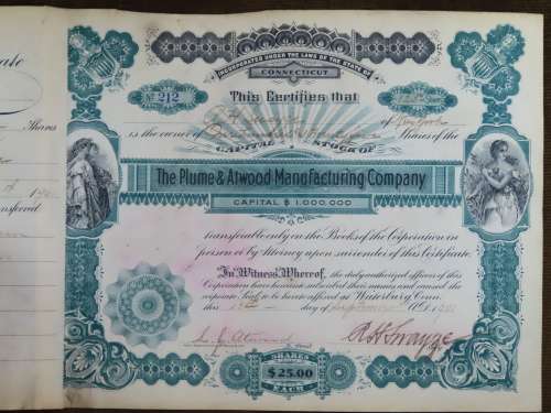 1901 Plume And Atwood Manufacturing Company, Stock Certificate, 125 Shares , 212