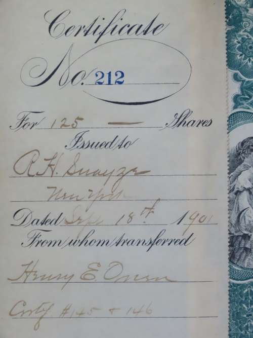 1901 Plume And Atwood Manufacturing Company, Stock Certificate, 125 Shares , 212