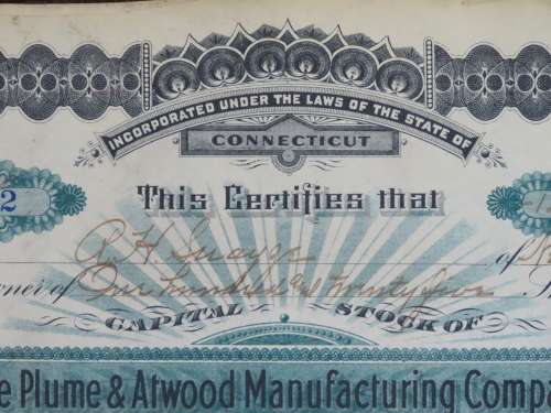 1901 Plume And Atwood Manufacturing Company, Stock Certificate, 125 Shares , 212