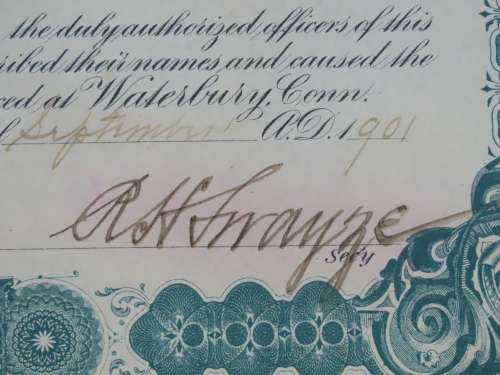 1901 Plume And Atwood Manufacturing Company, Stock Certificate, 125 Shares , 212