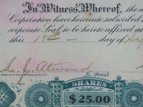 1901 Plume And Atwood Manufacturing Company, Stock Certificate, 125 Shares , 212