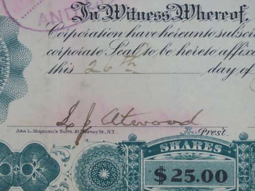 1901 Plume And Atwood Manufacturing Company, Stock Certificate, 200 Shares , 206