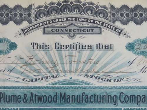 1901 Plume And Atwood Manufacturing Company, Stock Certificate, 200 Shares , 206