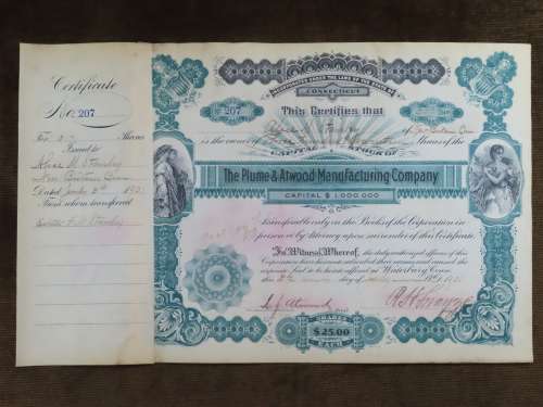 1901 Plume And Atwood Manufacturing Company, Stock Certificate, 317 Shares , 207