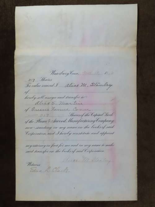 1901 Plume And Atwood Manufacturing Company, Stock Certificate, 317 Shares , 207
