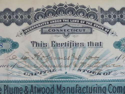 1901 Plume And Atwood Manufacturing Company, Stock Certificate, 125 Shares , 208