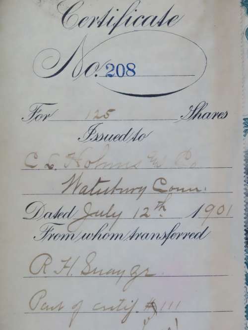 1901 Plume And Atwood Manufacturing Company, Stock Certificate, 125 Shares , 208