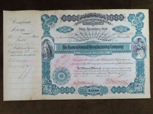 1901 Plume And Atwood Manufacturing Company, Stock Certificate, 125 Shares , 208