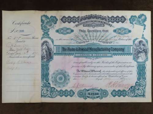 1901 Plume And Atwood Manufacturing Company, Stock Certificate, 375 Shares , 209