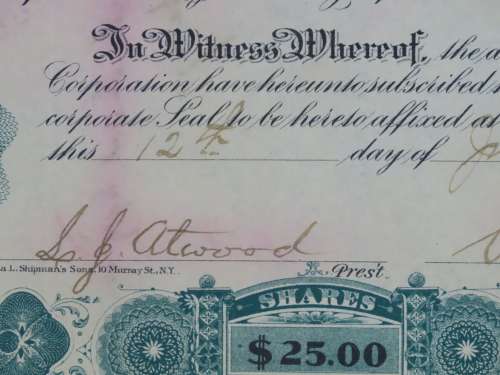 1901 Plume And Atwood Manufacturing Company, Stock Certificate, 375 Shares , 209