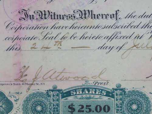 1901 Plume And Atwood Manufacturing Company, Stock Certificate, 125 Shares , 210