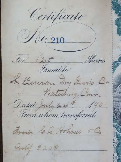1901 Plume And Atwood Manufacturing Company, Stock Certificate, 125 Shares , 210