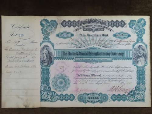1901 Plume And Atwood Manufacturing Company, Stock Certificate, 125 Shares , 210