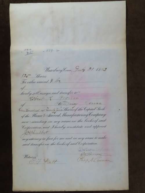 1901 Plume And Atwood Manufacturing Company, Stock Certificate, 125 Shares , 210