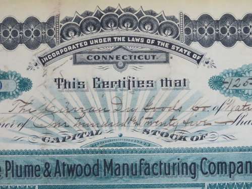 1901 Plume And Atwood Manufacturing Company, Stock Certificate, 125 Shares , 210