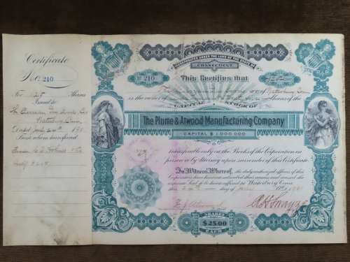 1901 Plume And Atwood Manufacturing Company, Stock Certificate, 125 Shares , 210