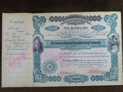 1901 Plume And Atwood Manufacturing Company, Stock Certificate, 50 Shares , 205