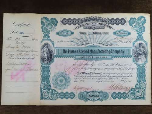1901 Plume And Atwood Manufacturing Company, Stock Certificate, 50 Shares , 205