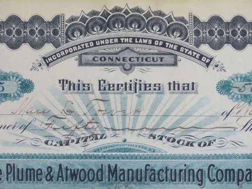 1901 Plume And Atwood Manufacturing Company, Stock Certificate, 50 Shares , 205