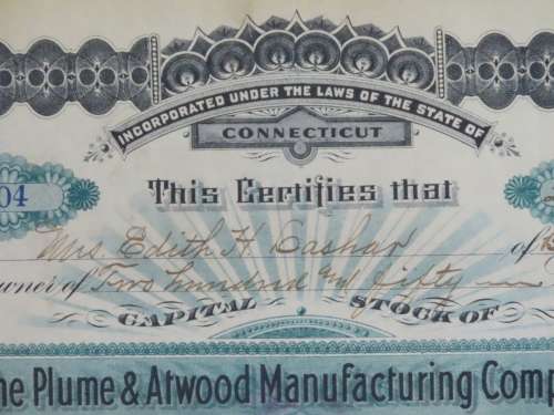1901 Plume And Atwood Manufacturing Company, Stock Certificate, 250 Shares , 204