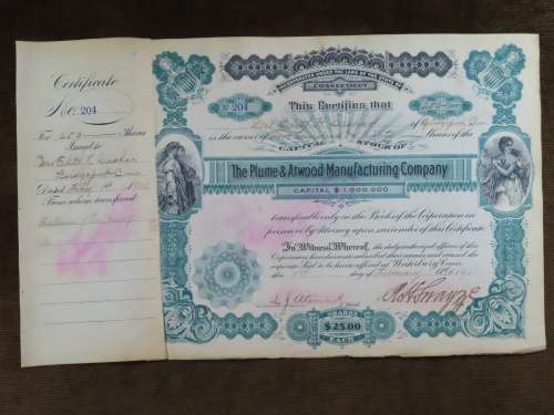 1901 Plume And Atwood Manufacturing Company, Stock Certificate, 250 Shares , 204