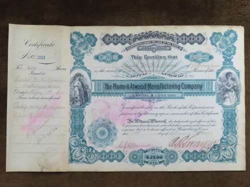 1901 Plume And Atwood Manufacturing Company, Stock Certificate, 200 Shares , 203