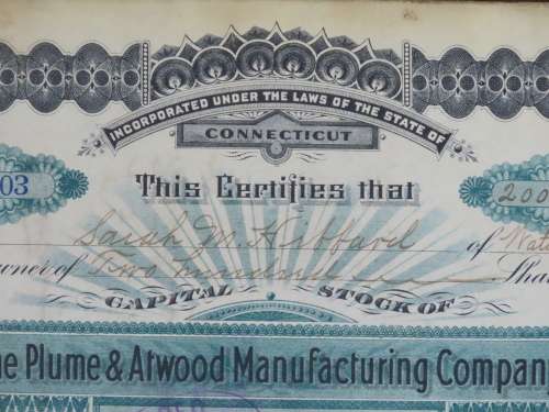 1901 Plume And Atwood Manufacturing Company, Stock Certificate, 200 Shares , 203
