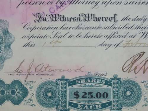 1901 Plume And Atwood Manufacturing Company, Stock Certificate, 200 Shares , 203